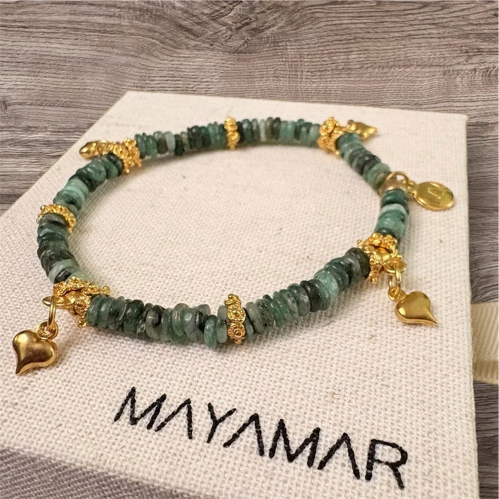 Genuine Emerald Beads 24k Gold Plated Heart Charm Stretch Bracelet - Picture 3 of 9